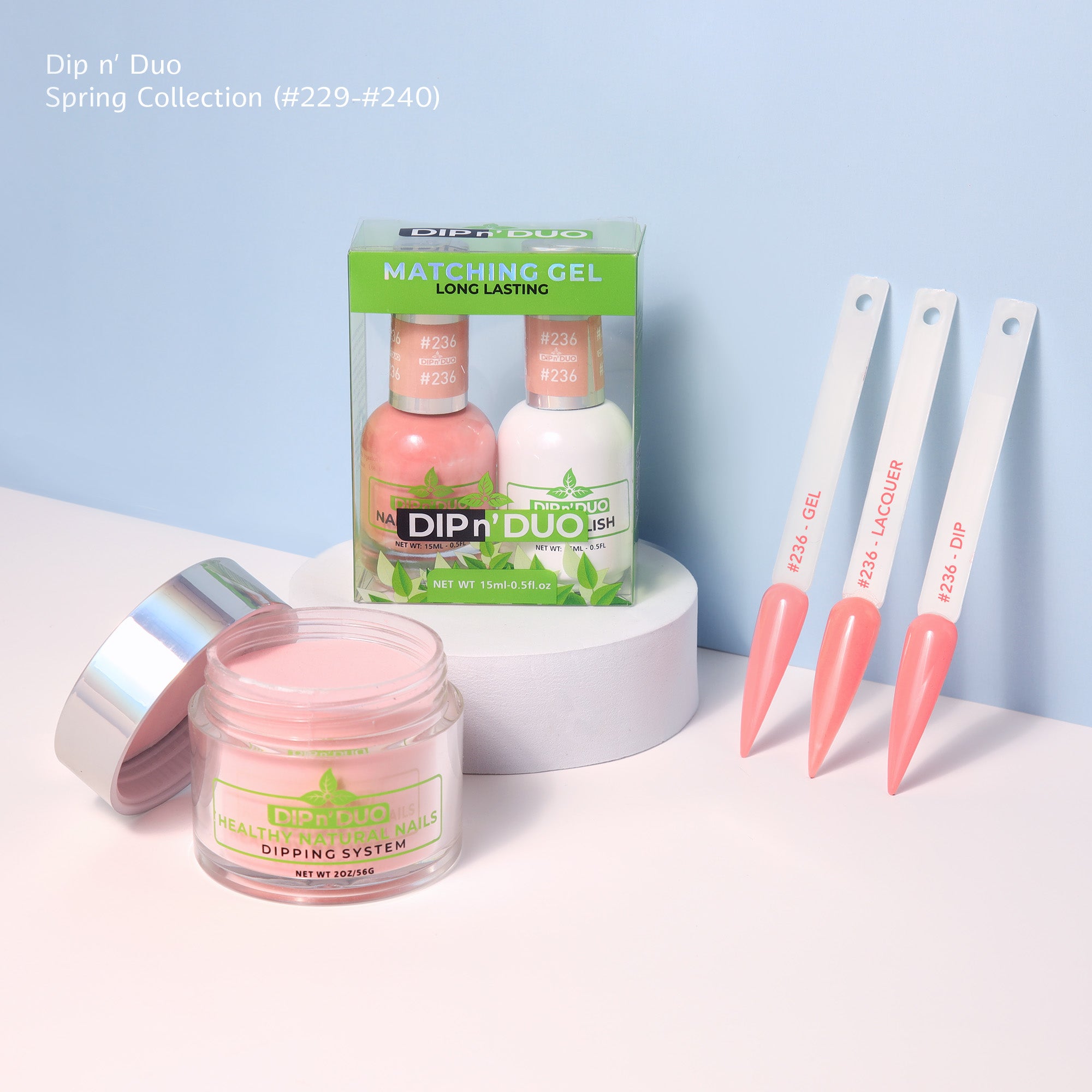 Dip n Duo Spring Collection – Coral Pink Gel Polish, Nail Lacquer, & Dipping Powder, Color 236