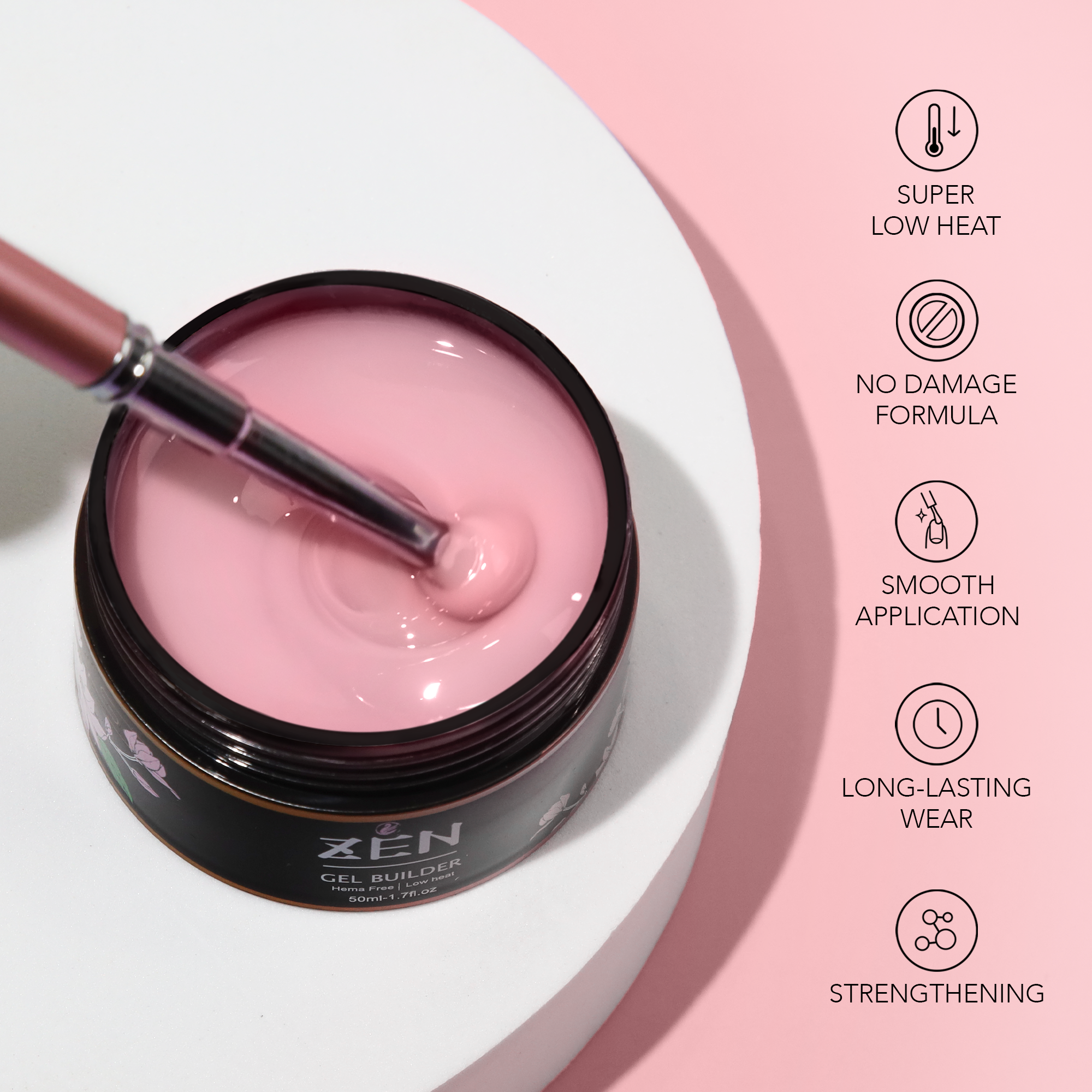 Benefits of using Zen Builder Gel include low heat, no-damage formula, smooth application, long-lasting wear, and enhanced strength and durability for nails.