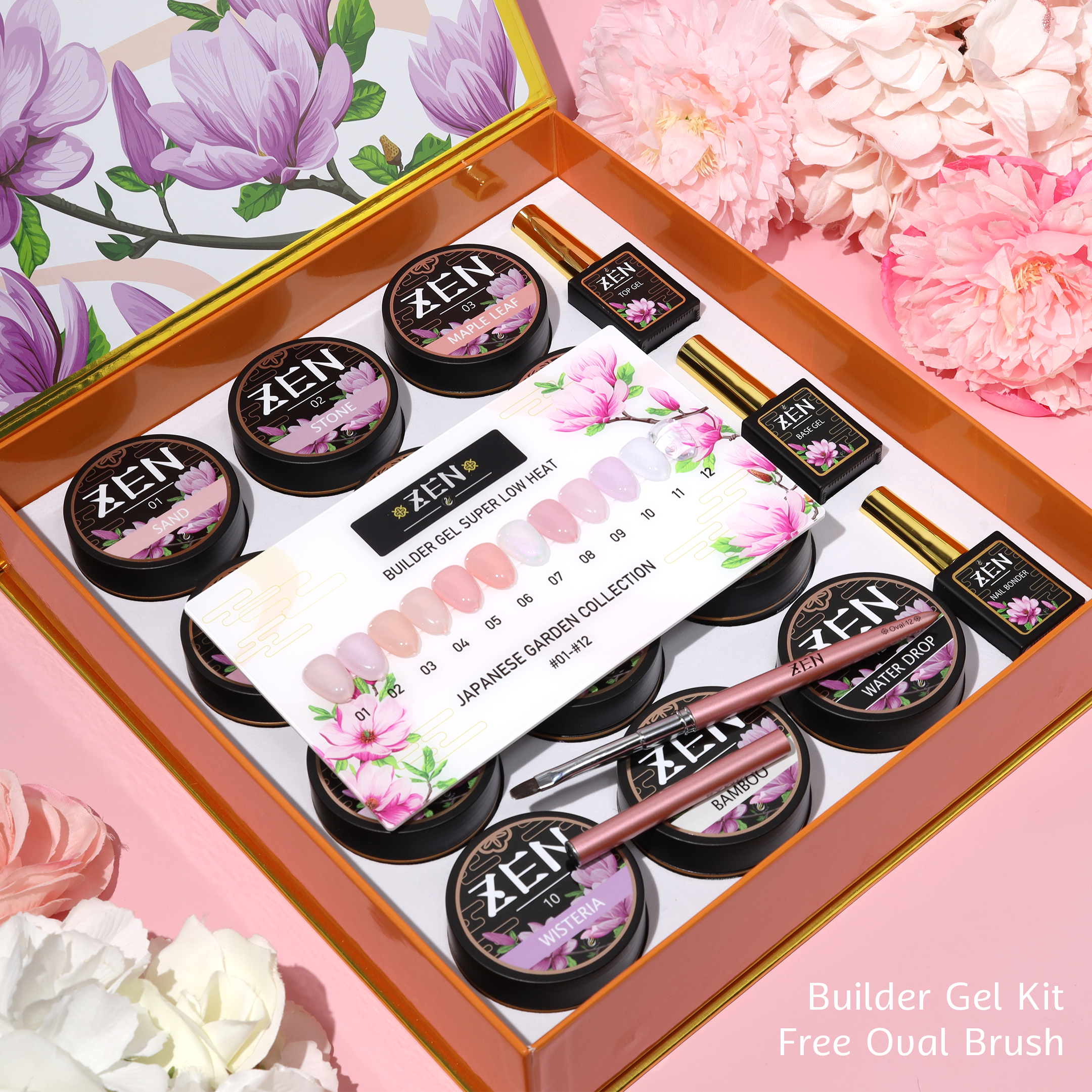 Zen Builder Gel Kit - Japanese Garden Collection with free oval brush – hard gel or builder gel for professional nail enhancements, ideal for strengthening nails, creating extensions, and providing salon-quality overlays.