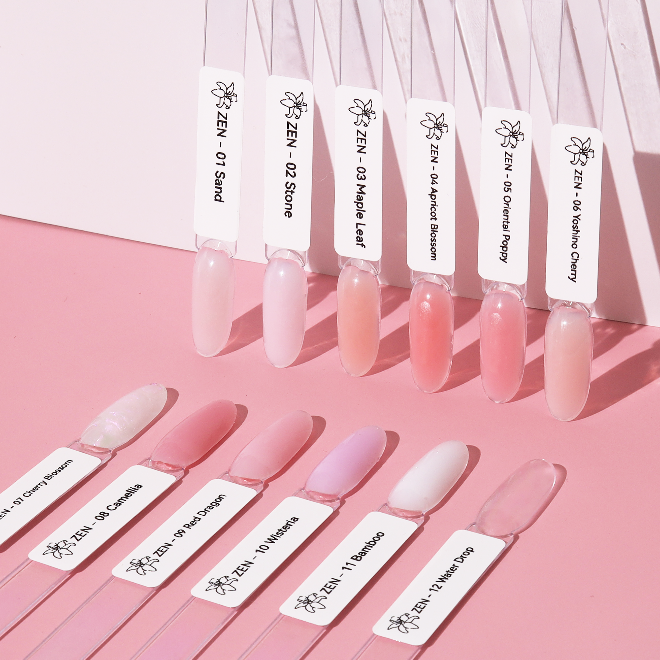 Showcasing the shades and color chart of Zen Builder Gel Japanese Garden Collection – a professional builder gel set for nail enhancements, overlays, and extensions.