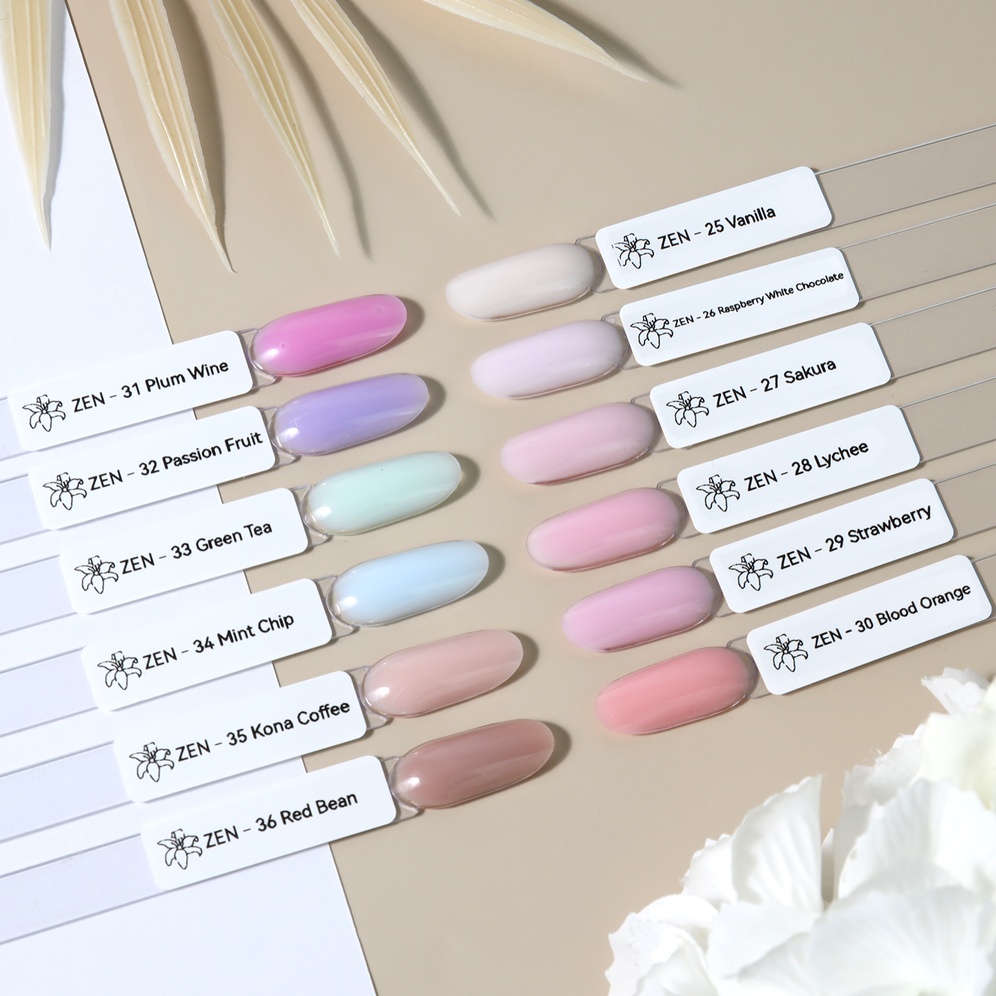 Showcasing the shades and color chart of Zen Builder Gel Mochidoki Collection – a professional builder gel set for nail enhancements, overlays, and extensions.