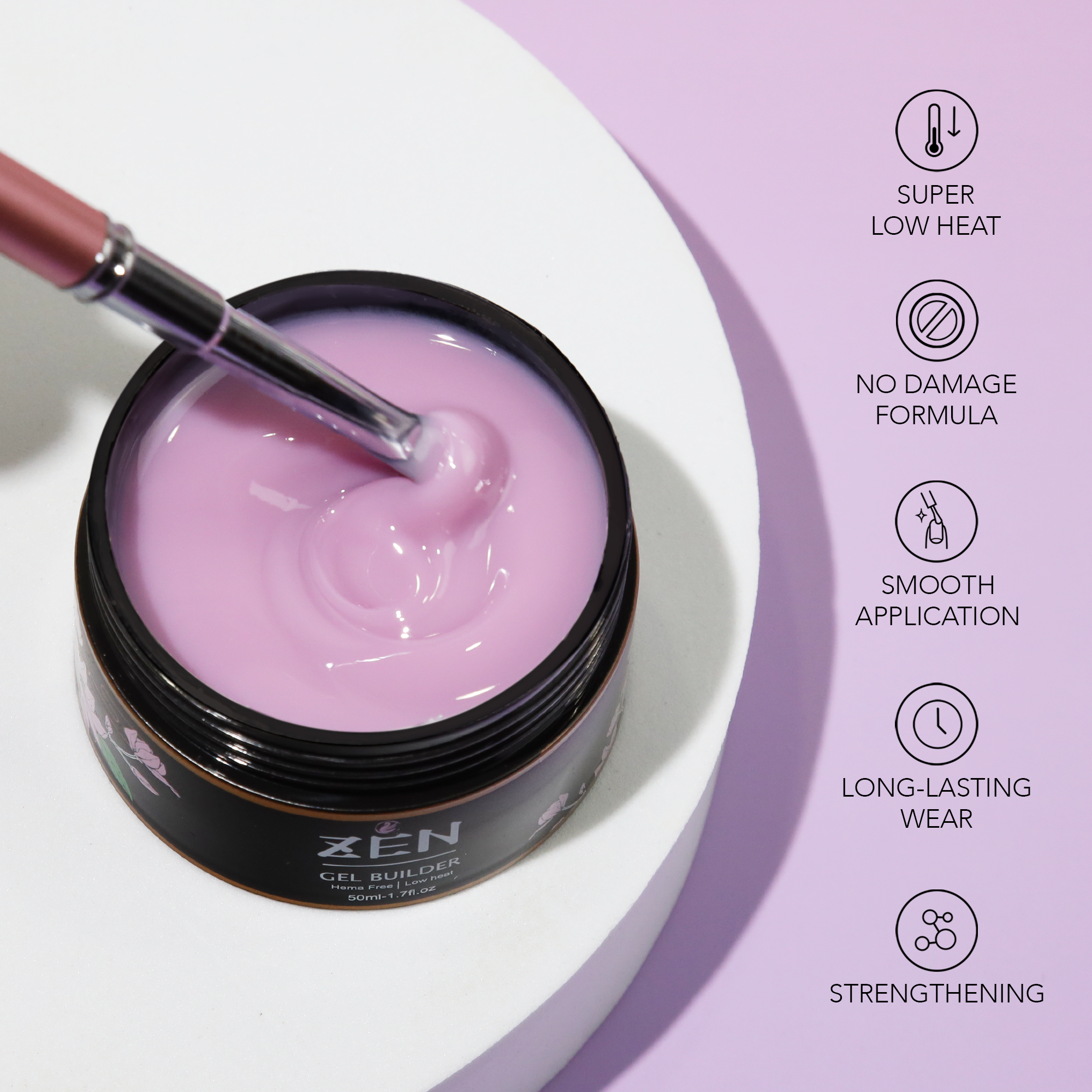 Benefits of using Zen Builder Gel include low heat, no-damage formula, smooth application, long-lasting wear, and enhanced strength and durability for nails.