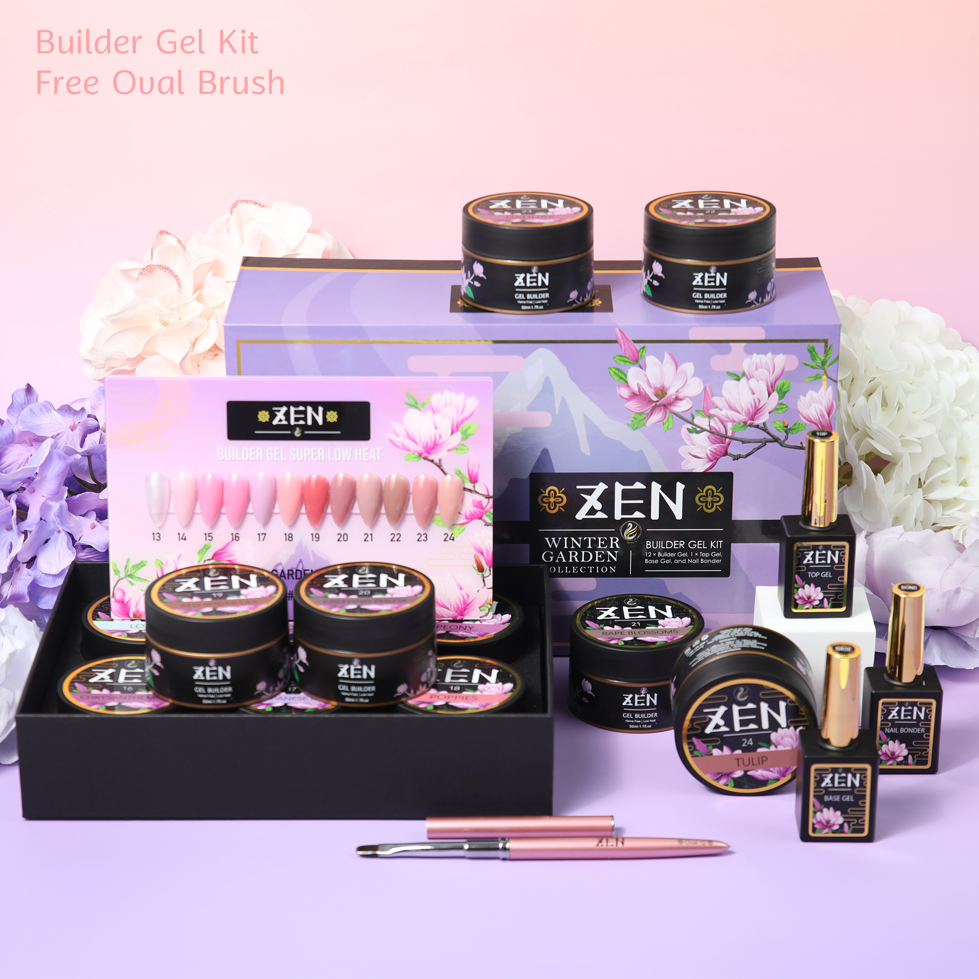 Zen Builder Gel Kit with free oval brush – hard gel and builder gel for professional nail enhancements, ideal for strengthening nails, creating extensions, and providing salon-quality overlays.