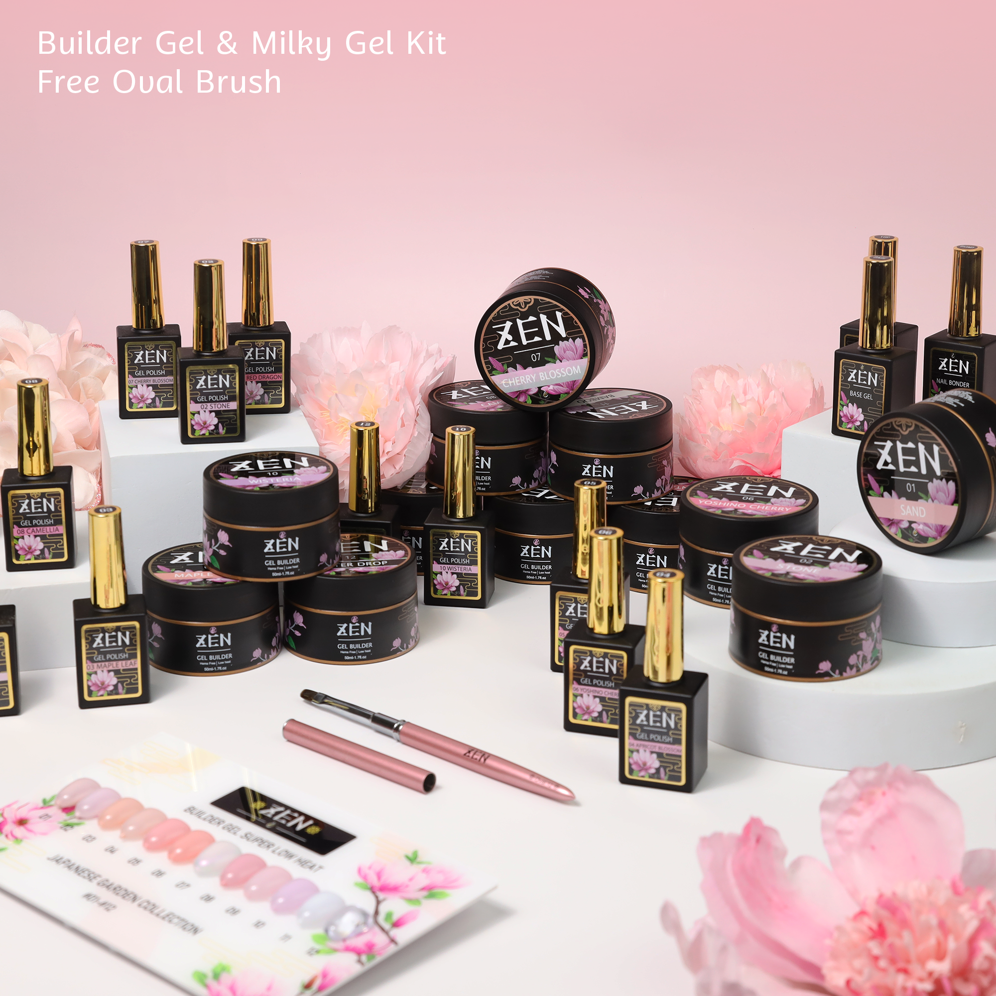 Zen Builder Gel and Milky Gel Kit - Japanese Garden Collection with free oval brush – professional builder gel and nail polish for strong, natural nails, ideal for extensions and overlays.