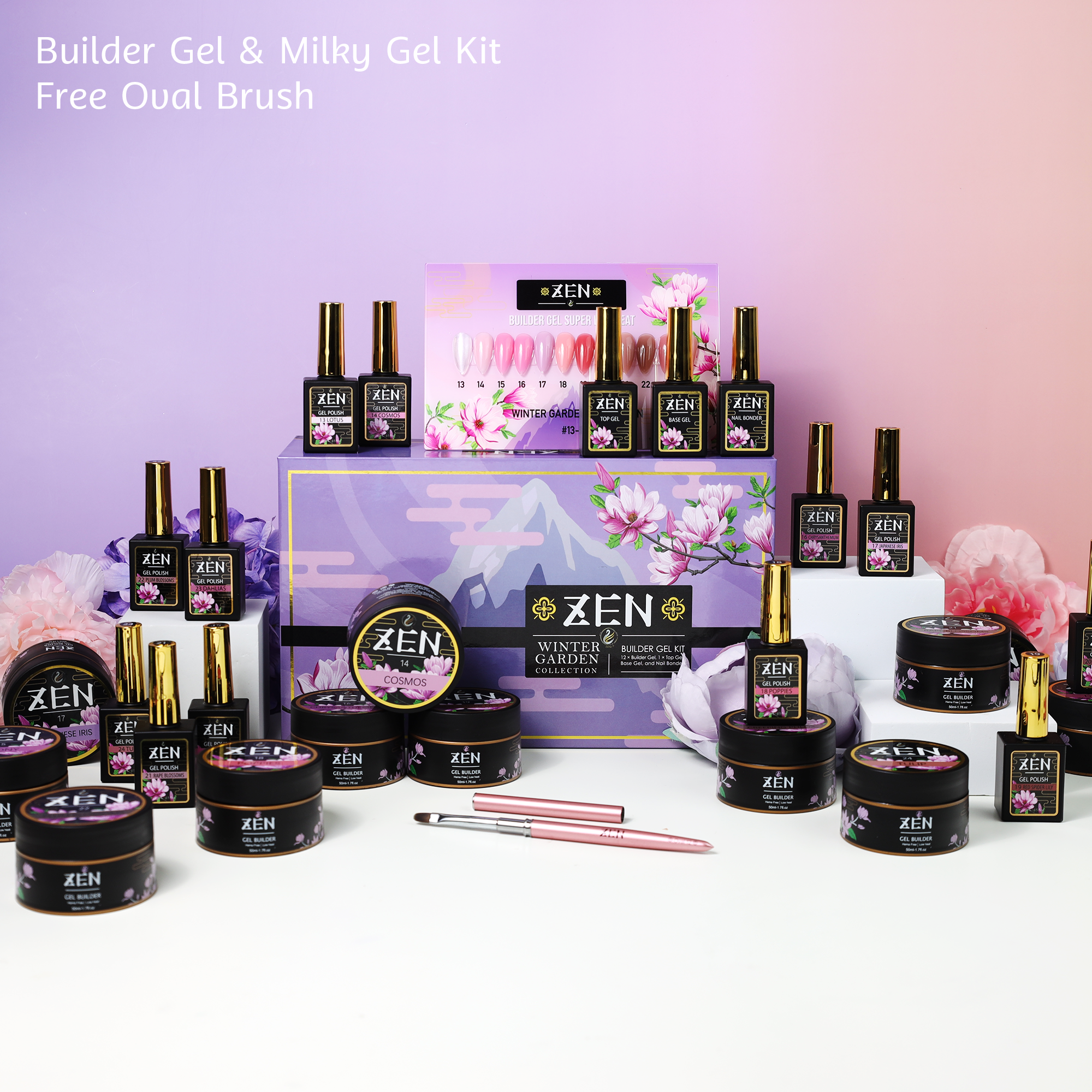 Zen Builder Gel and Milky Gel Kit with free oval brush – professional builder gel and nail polish for strong, natural nails, ideal for extensions and overlays.