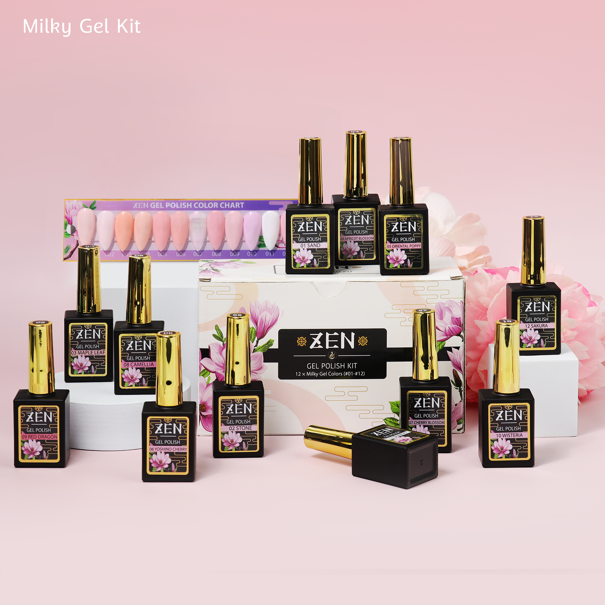 Zen Milky Gel Polish Japanese Garden Collection – 12-color professional gel polish kit with a free color chart. Perfect for creating smooth, long-lasting manicures with a natural milky finish.