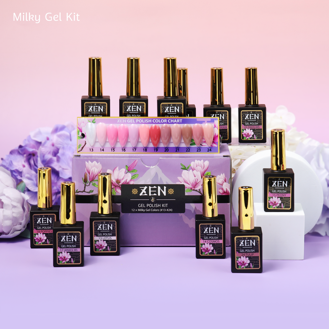 Zen Milky Gel Polish Winter Garden Collection – 12-color professional gel polish kit with a free color chart. Perfect for creating smooth, long-lasting manicures with a natural milky finish.