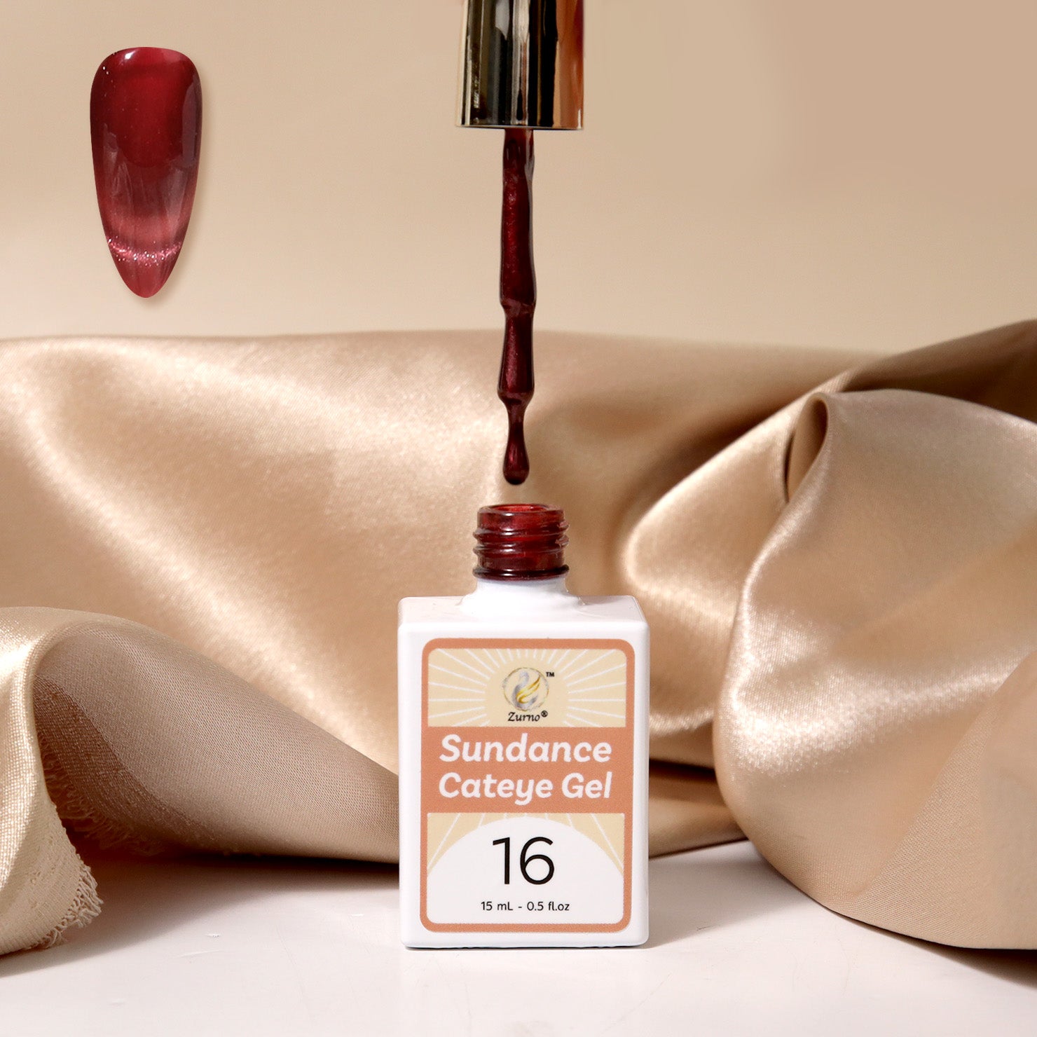 Zurno Sundance Collection Cat Eye Magnetic Gel Nail Polish in Color 16 – shimmering blood red shade with reflective effect