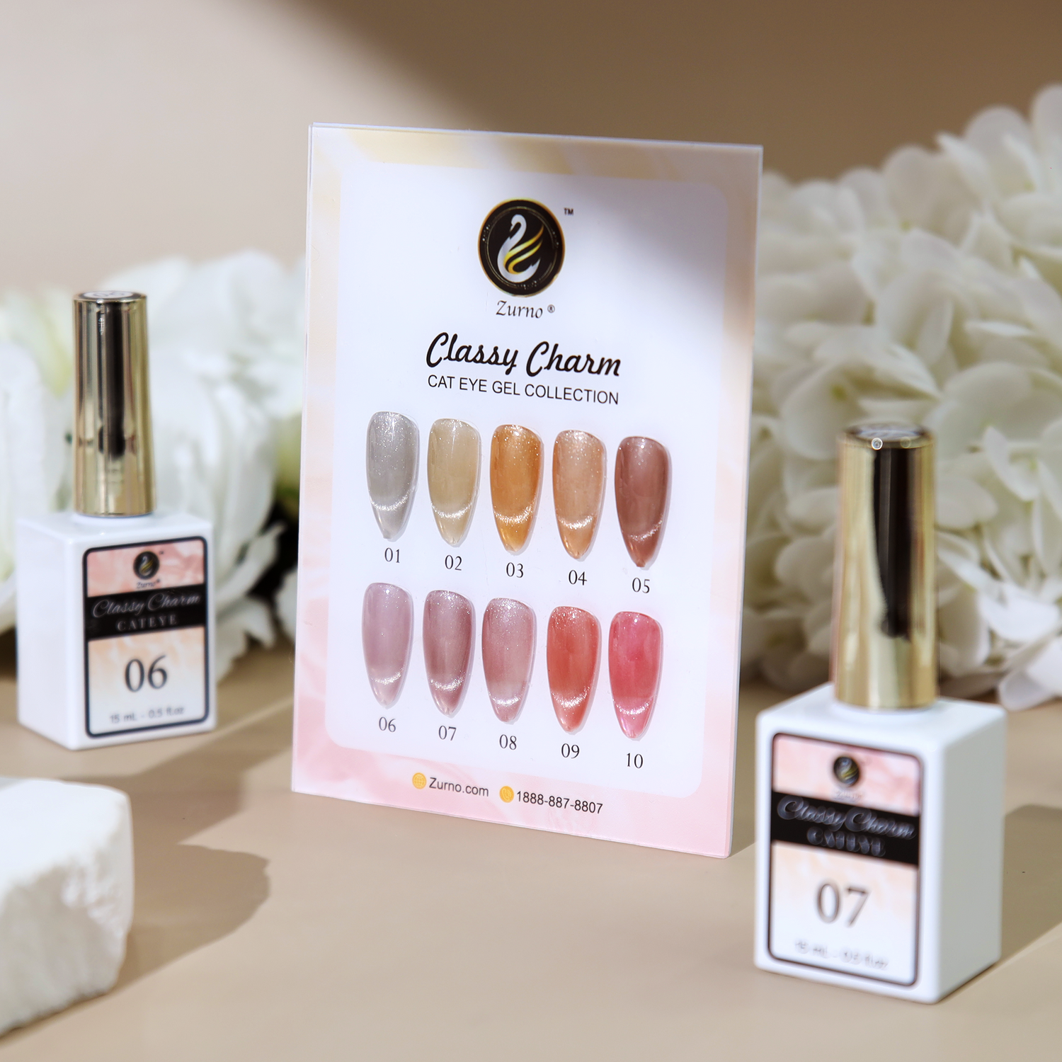 Classy Charm collection cat eye gel color chart displaying a variety of mesmerizing, magnetic gel nail colors for stunning manicures