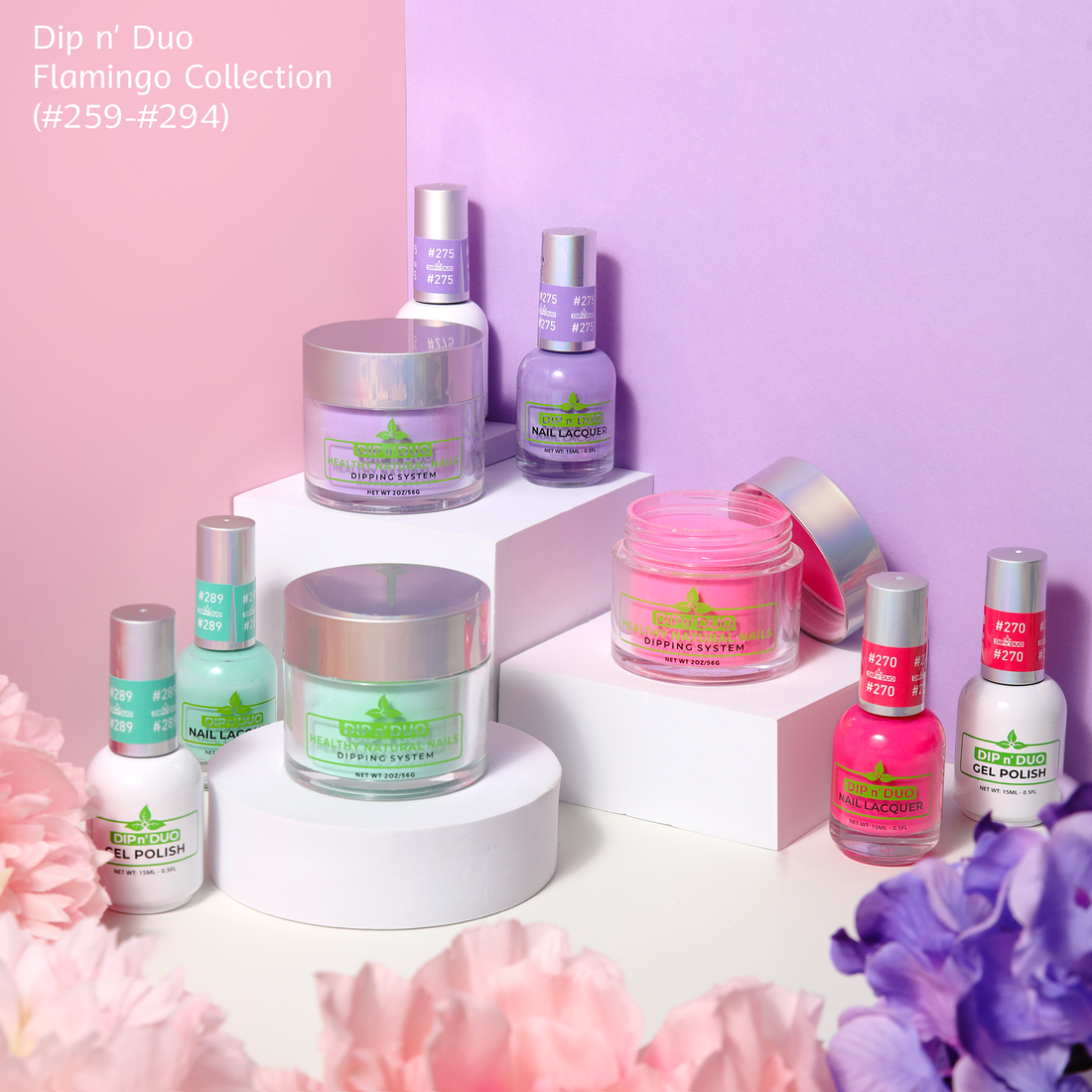 Dip N Duo Flamingo Collection – matching gel polish, nail lacquer, and dipping powder