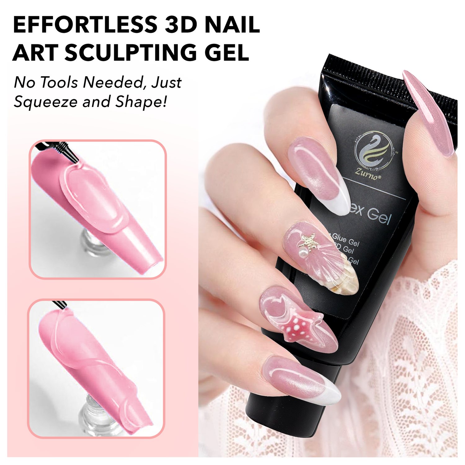 Close-up of 3D nail art created using Uniflex Gel, a flexible and high-pigment gel for intricate nail designs